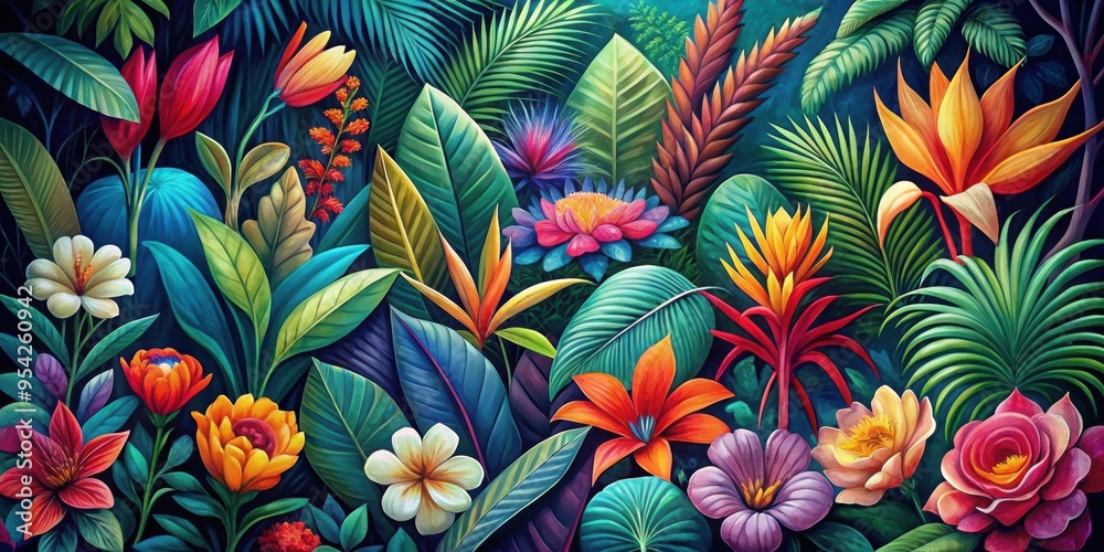 Vibrant art deco style painting of colorful tropical flowers and exotic plants, colorful, tropical, flowers, art deco, painting Vibrant art deco style painting of colorful tropical flowers and exotic plants, colorful, tropical, flowers, art deco, painting