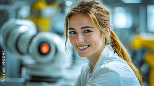 Smiling woman engineer work...