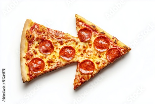 Pepperoni Pizza Arrow: A cheesy and delicious pepperoni pizza slice artfully arranged to form an arrow, pointing the way to deliciousness.  A playful and appetizing image for food blogs, menus, and so photo