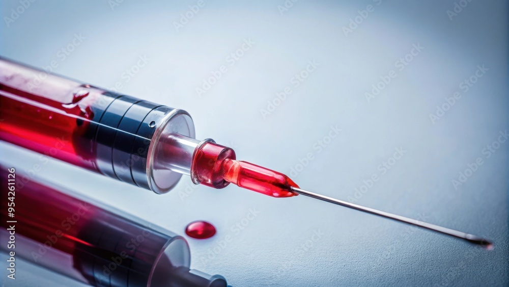 Surgical syringe injecting infected blood. Macro shot, virus, injection, surgery, medical, syringe, blood Surgical syringe injecting infected blood. Macro shot, virus, injection, surgery, medical, syringe, blood