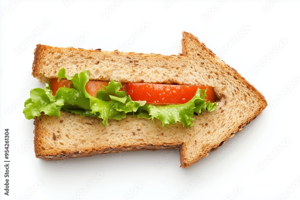 Sandwich Arrow: A simple yet creative concept, a sandwich shaped into an arrow, pointing towards success and progress. The fresh ingredients, including tomato and lettuce, add a touch of vibrancy and Sandwich Arrow: A simple yet creative concept, a sandwich shaped into an arrow, pointing towards success and progress. The fresh ingredients, including tomato and lettuce, add a touch of vibrancy and