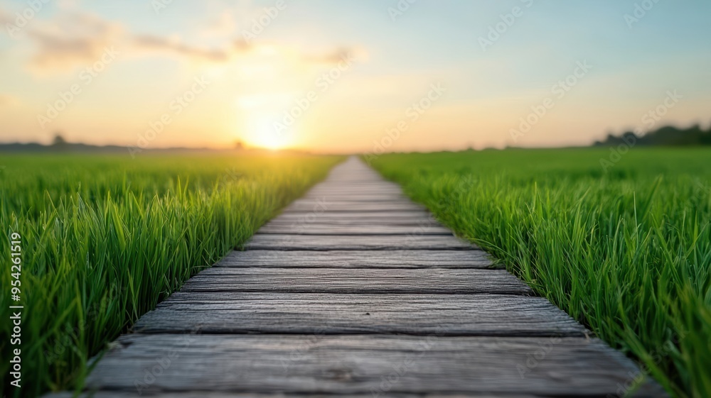Fototapeta premium A wooden path stretching through green grass fields towards the setting sun, capturing the beauty of nature in a serene landscape.