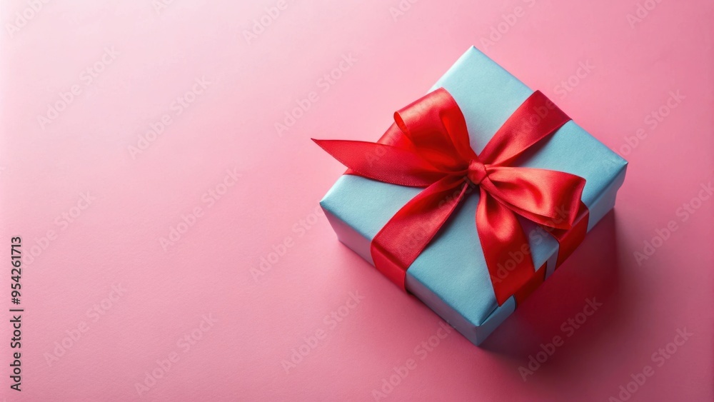 Blue gift tied with red ribbon on pink background, gift, blue, red, ribbon, pink, present, surprise Blue gift tied with red ribbon on pink background, gift, blue, red, ribbon, pink, present, surprise