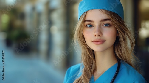 Stylish Young Nurse in Blue and White Uniform Posing in Front of an Old Hospital, Captured on Provia Film for a Classic and Professional Look

