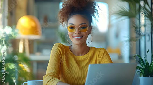 Smiling woman in yellow swe...
