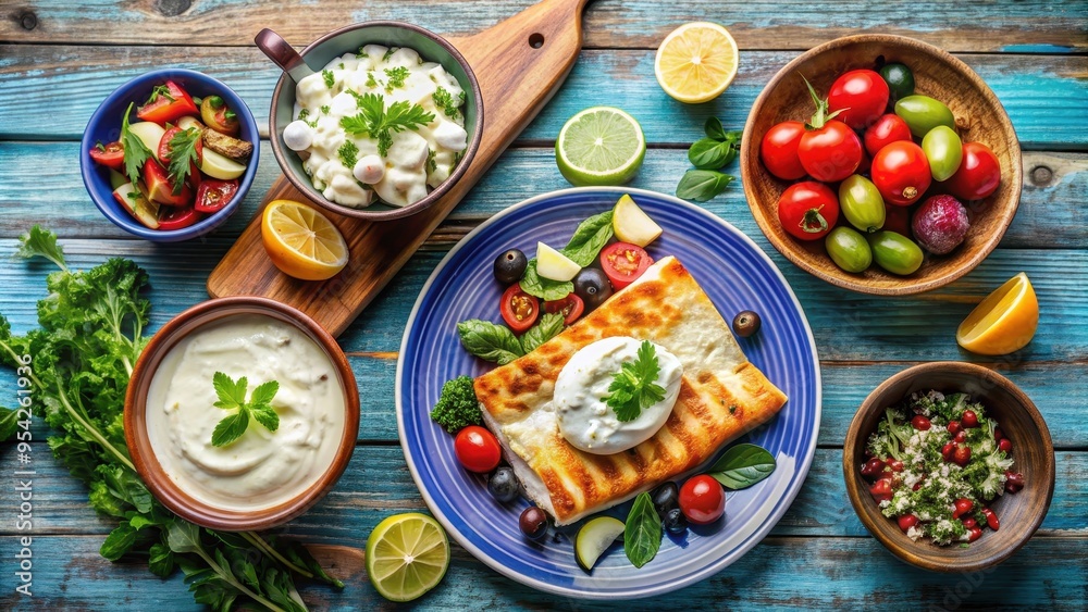 Traditional Greek dishes including feta, yogurt, tzatziki, moussaka, Greek salad and fish, Greek, gastronomy, cuisine Traditional Greek dishes including feta, yogurt, tzatziki, moussaka, Greek salad and fish, Greek, gastronomy, cuisine