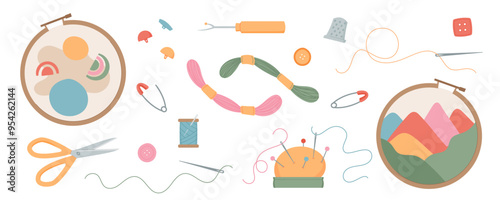 Sewing tools and embroidery supplies set with thread, needle, tailor, sewing, and sew objects. Includes scissors, buttons, pin cushion and embroidery hoops. Flat cartoon graphic, cute vector design.