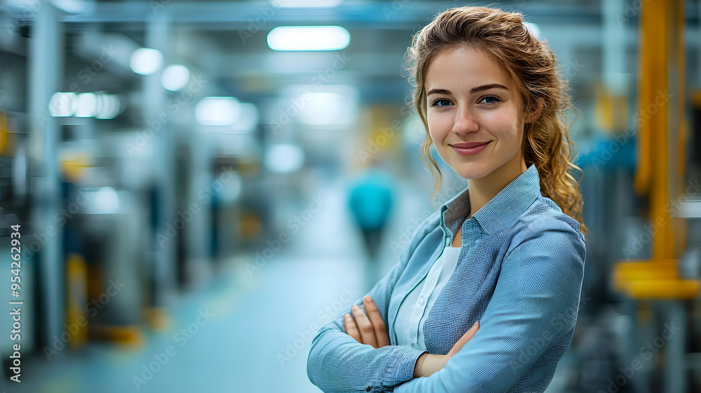 Smiling young woman with arms crossed, standing in a factory. Smiling young woman with arms crossed, standing in a factory.