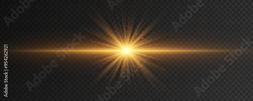 Sparkling golden star with horizontal light effect isolated on a dark transparent background. Gold flash with dynamic rays and flying glowing particles. Vector illustration.