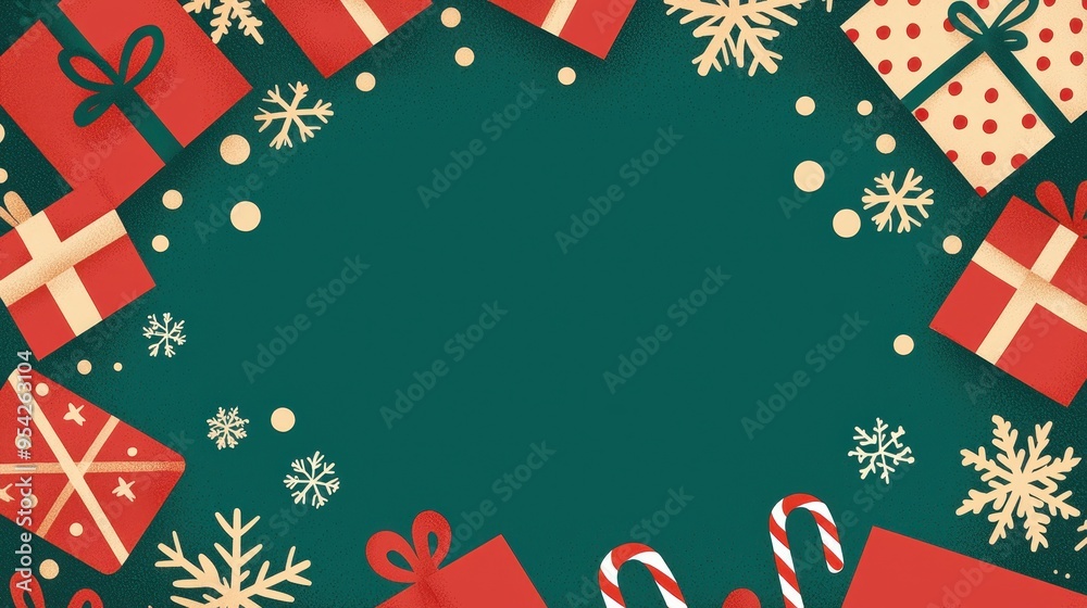 Obraz premium Christmas Green Background with Gift Boxes Candy Canes and Snowflakes