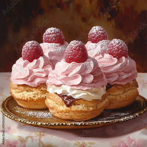 Raspberry Chocolate Cream Puffs against a soft pint beautiful background.