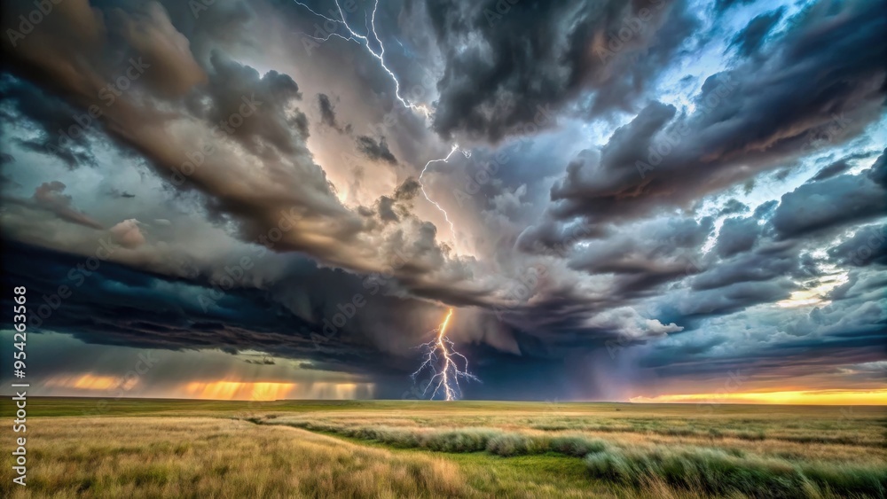 Dark storm clouds loom over the prairie, with lightning flashing in the distance, Thunderstorm, ominous, prairie, clouds Dark storm clouds loom over the prairie, with lightning flashing in the distance, Thunderstorm, ominous, prairie, clouds