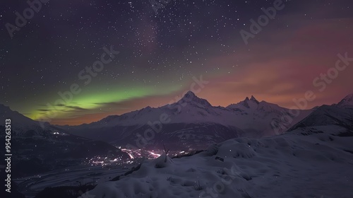 The aurora borealis, or northern lights, shine in a vibrant green and pink over a snow-covered mountain range.