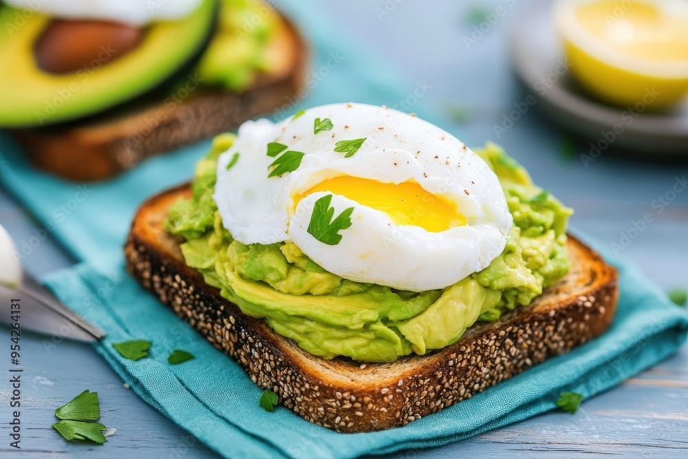 A delicious slice of avocado toast topped with a perfectly poached egg and garnished with fresh herbs, ideal for healthy breakfasts. A delicious slice of avocado toast topped with a perfectly poached egg and garnished with fresh herbs, ideal for healthy breakfasts.