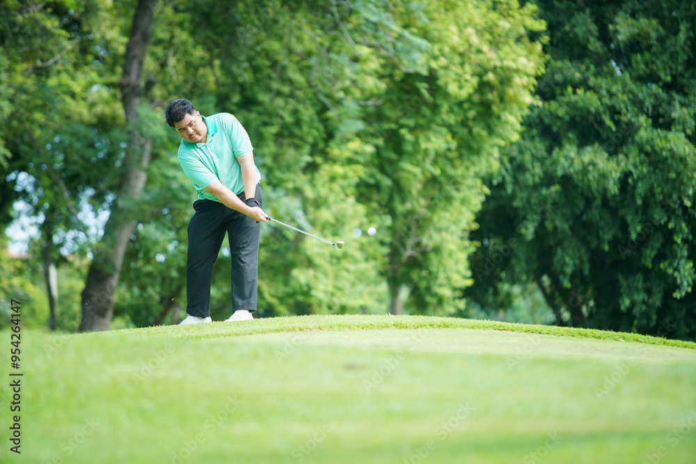 Man is playing golf in morning. Man is playing golf in morning.