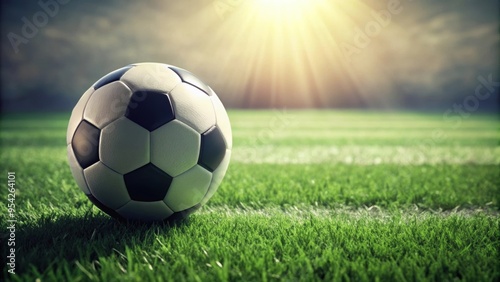 Classic soccer ball on grass field , soccer, sports, football, classic, game, competition, play, round, kicking, outdoor, equipment