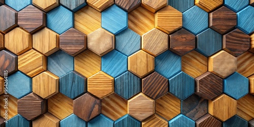 Abstract background of wooden hexahedrons in blue, brown, and yellow , abstract, background, wooden, hexahedrons, blue photo