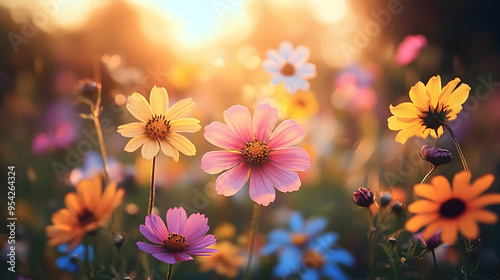 Soft pink and yellow flowers in a field, glowing in golden sunlight.