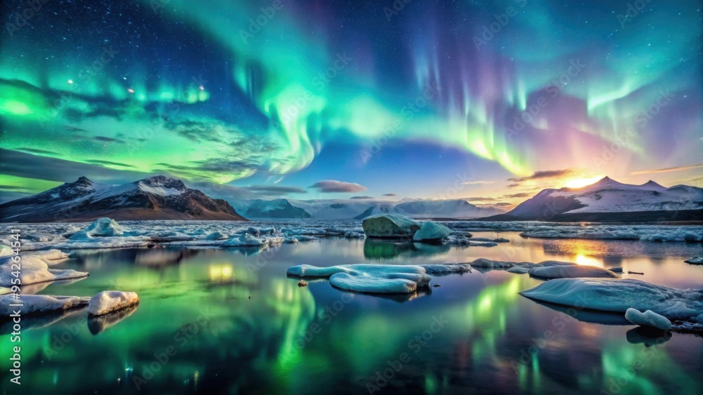 Aurora borealis dancing over Jokulsarlon Glacier Lagoon in Iceland, Aurora borealis Aurora borealis dancing over Jokulsarlon Glacier Lagoon in Iceland, Aurora borealis