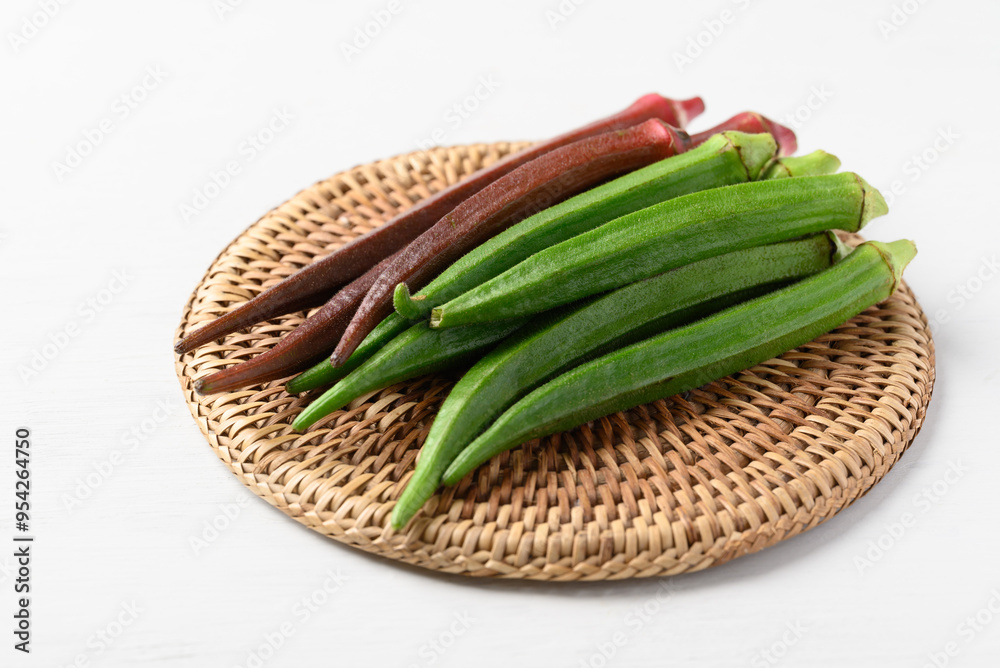 Fresh green and red okra, Organic vegetable, Food ingredient Fresh green and red okra, Organic vegetable, Food ingredient