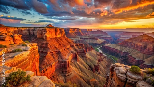 Majestic red and orange cliffs of a vast canyon landscape at dusk, Canyon, cliffs, red, orange, majestic, landscape, dusk