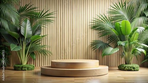 Bamboo and tropical leaves podium for product presentation, bamboo, tropical leaves, podium, product presentation