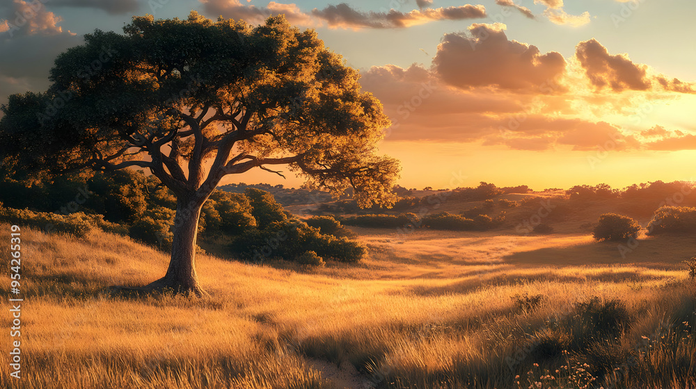 Solitary tree standing tall in a golden field at sunset. Solitary tree standing tall in a golden field at sunset.