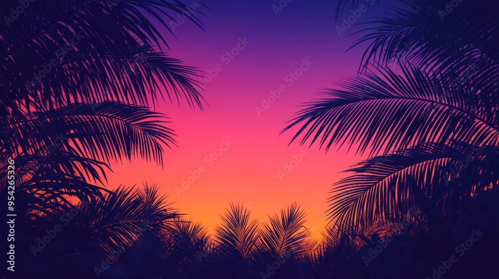Silhouettes of Palm Tree Fronds Against a Vivid Sunset Sky Silhouettes of Palm Tree Fronds Against a Vivid Sunset Sky