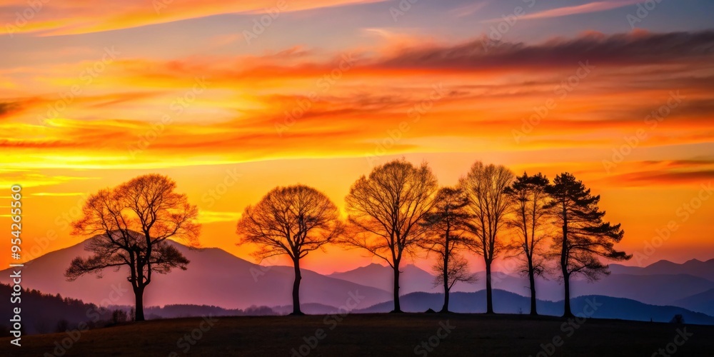 Fototapeta premium Sunset silhouettes of trees against a mountain backdrop, sunset, silhouettes, mountains, nature, landscape, dusk, evening