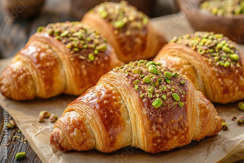 Delicious fresh baked pistachio croissants served on a wooden table for a tempting French breakfast treat