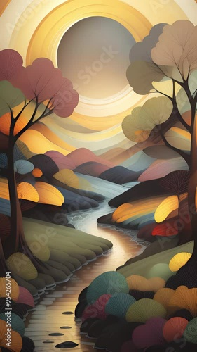 Animated illustration of nature with flowing river