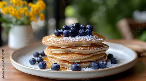 Stack of fluffy pancakes to...