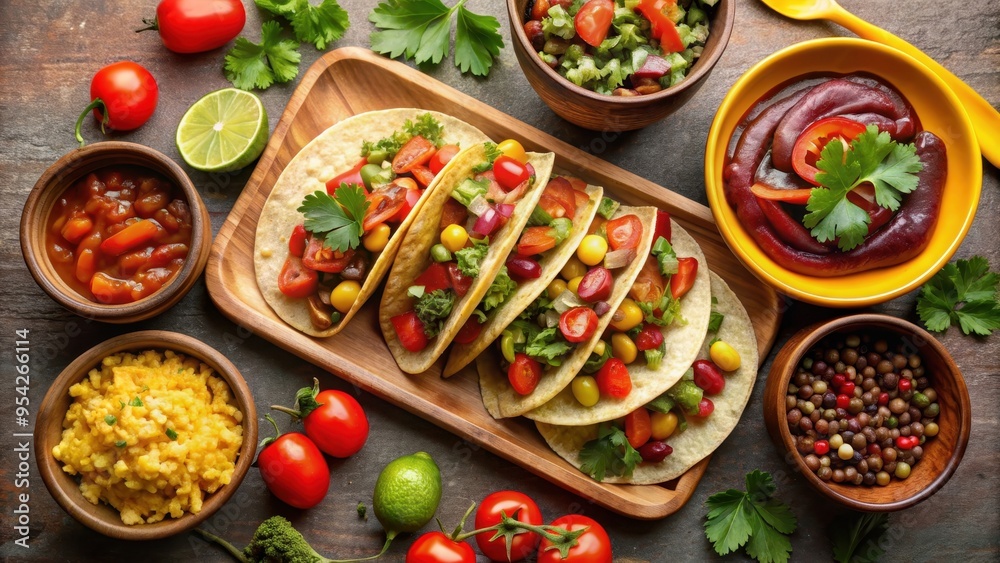 Traditional Mexican food with tacos, guacamole, salsa, and beans , Mexican, traditional, food, cuisine, tacos, guacamole, salsa Traditional Mexican food with tacos, guacamole, salsa, and beans , Mexican, traditional, food, cuisine, tacos, guacamole, salsa