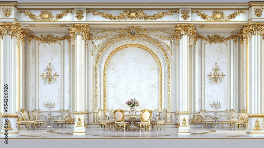 Fototapeta premium Luxury Interior Design Gold Trimmed Wall with Marble Columns and Archway