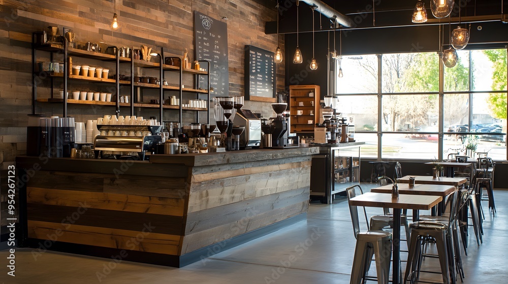 A warm-toned coffee shop with fair-trade coffee beans and rustic industrial decor A warm-toned coffee shop with fair-trade coffee beans and rustic industrial decor