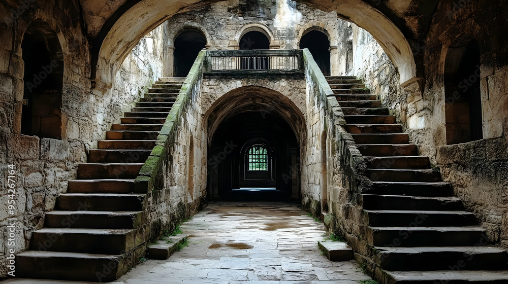 Stone archway with two sets of stairs leading to an unknown destination. Stone archway with two sets of stairs leading to an unknown destination.