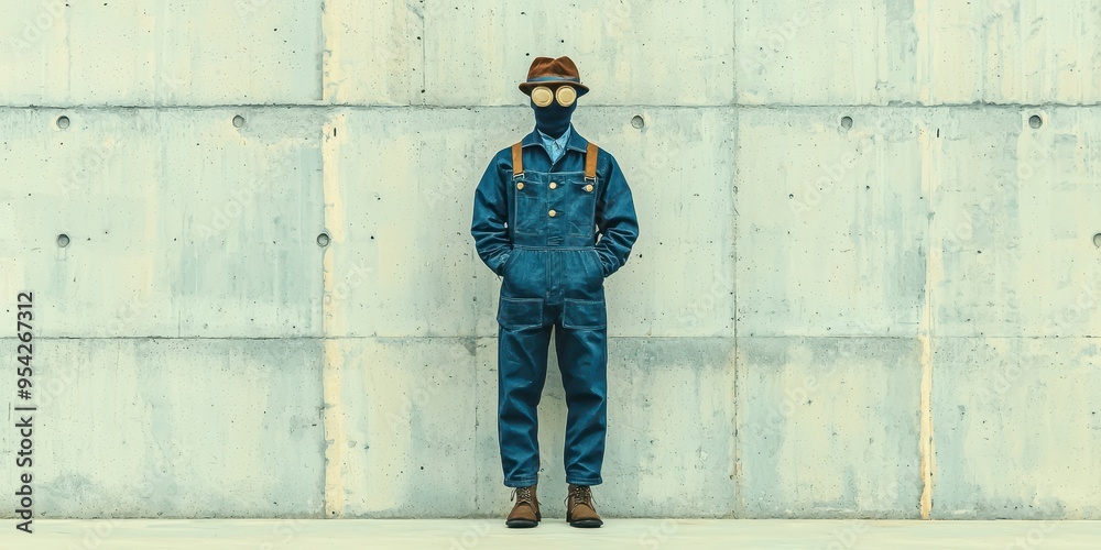 Mysterious Man in Denim and Goggles Against Concrete Wall Mysterious Man in Denim and Goggles Against Concrete Wall