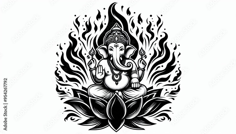 Fototapeta premium Hindu God Ganesh or Ganesha idol logo tattoo in black and white with lotus flower