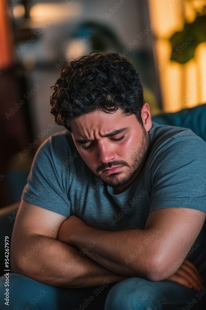 Obraz premium Sad depressed Hispanic man sitting in his living room, depression and loneliness, mental health concept. Vertical (2:3)