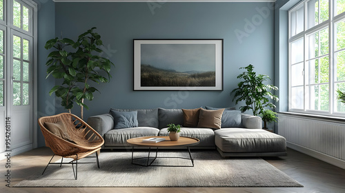 Stylish living room with grey sectional sofa, wicker chair, and a framed landscape painting. photo