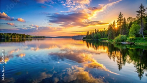 Tranquil Canadian lake reflecting a colorful sunset sky, sunset, lake, Canadian, reflection, calm, peaceful, serenity, nature