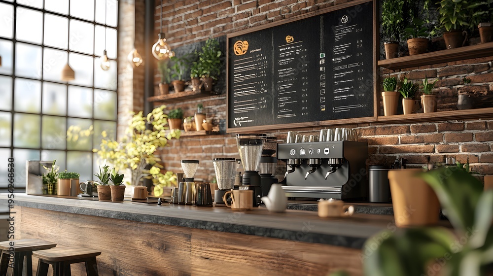 Fototapeta premium A rustic coffee shop with eco-friendly messaging and 3D-rendered coffee mugs