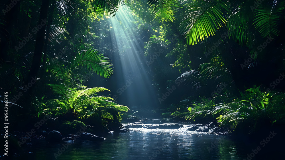 Sunbeams pierce through lush green jungle canopy illuminating a tranquil stream. Sunbeams pierce through lush green jungle canopy illuminating a tranquil stream.