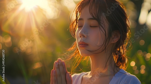 Morning Prayer: Young Asian Woman Embracing Christian Faith with Sunlit Background