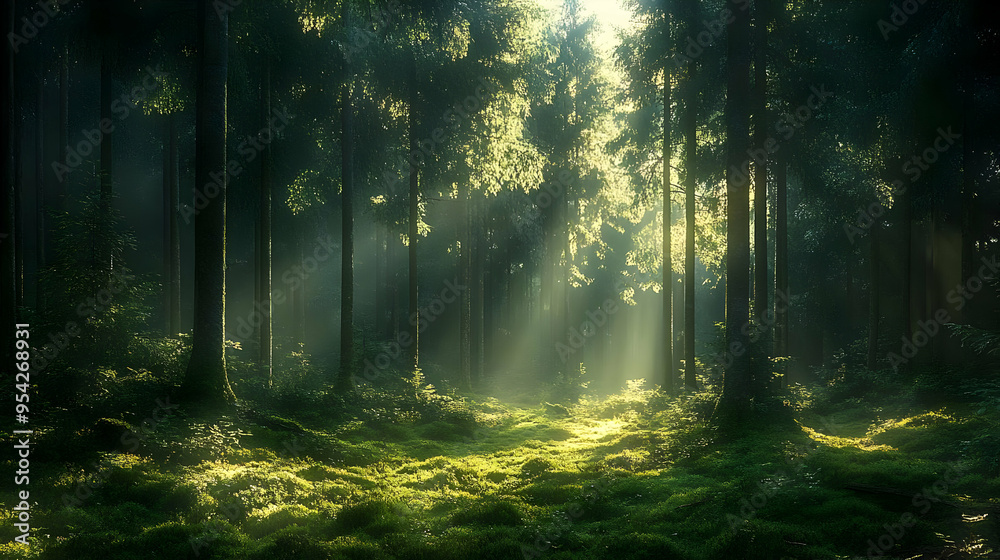 Naklejka premium Sunlight beams through a dense forest, illuminating the mossy forest floor.