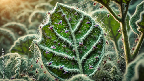 Close-up image of spider mite webbing on eggplant leaves. The webbing is clearly visible