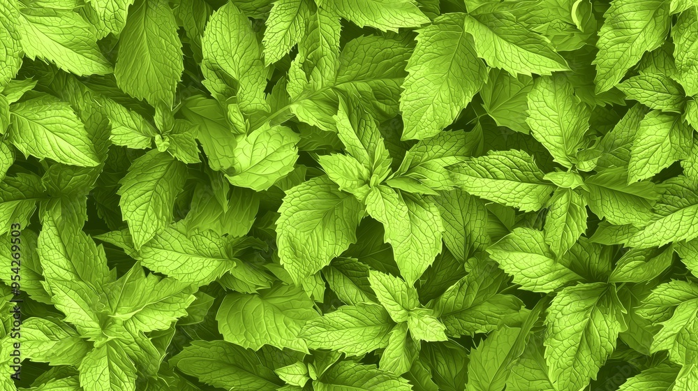 A seamless pattern of mint leaves with their bright green color and serrated edges A seamless pattern of mint leaves with their bright green color and serrated edges