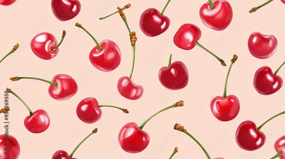 A seamless pattern of cherries with bright red color and green stems A seamless pattern of cherries with bright red color and green stems