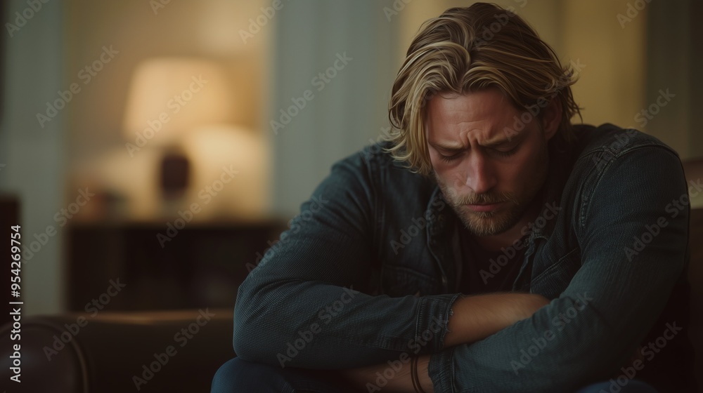 Sad depressed blond man sitting in his living room, depression and loneliness, mental health concept. Horizontal (16:9) Sad depressed blond man sitting in his living room, depression and loneliness, mental health concept. Horizontal (16:9)