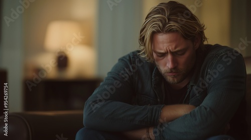 Sad depressed blond man sitting in his living room, depression and loneliness, mental health concept. Horizontal (16:9)